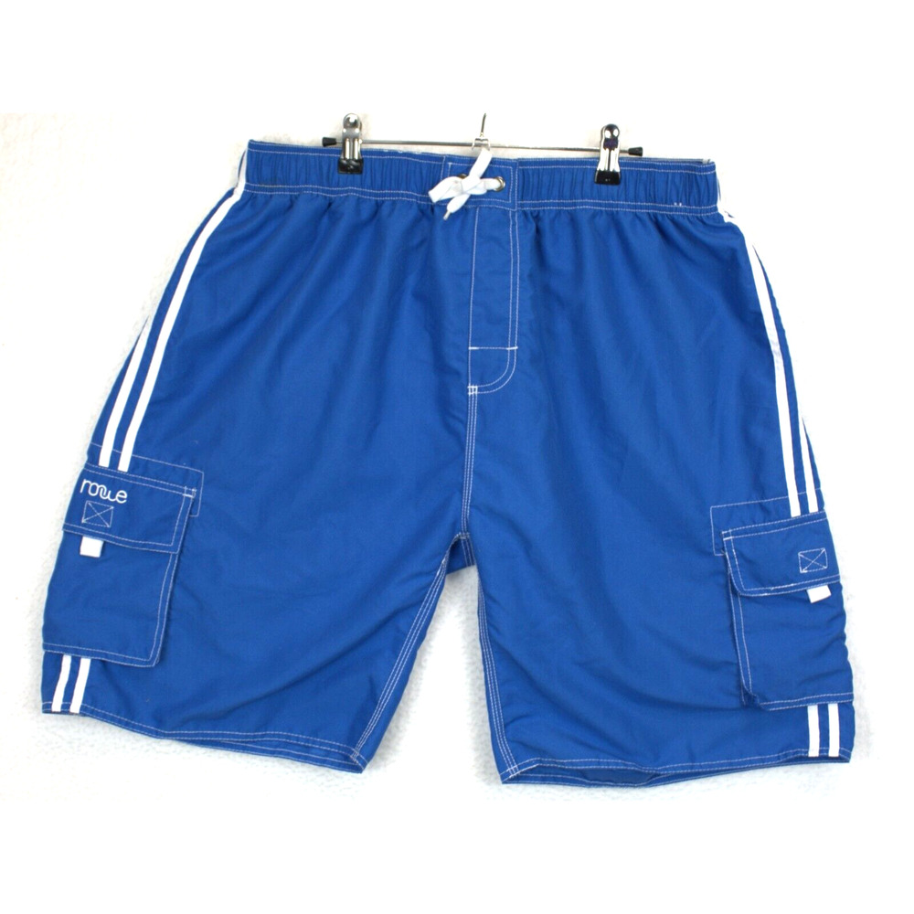 Nonwe Cargo Swim Trunks Men 38 Drawstring White Side Stripe Blue Beach Shorts